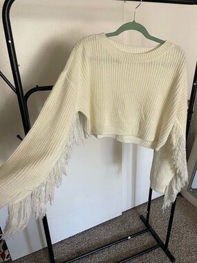 12th Tribe Cream Fringe-Sleeve Cropped Crewneck Sweater